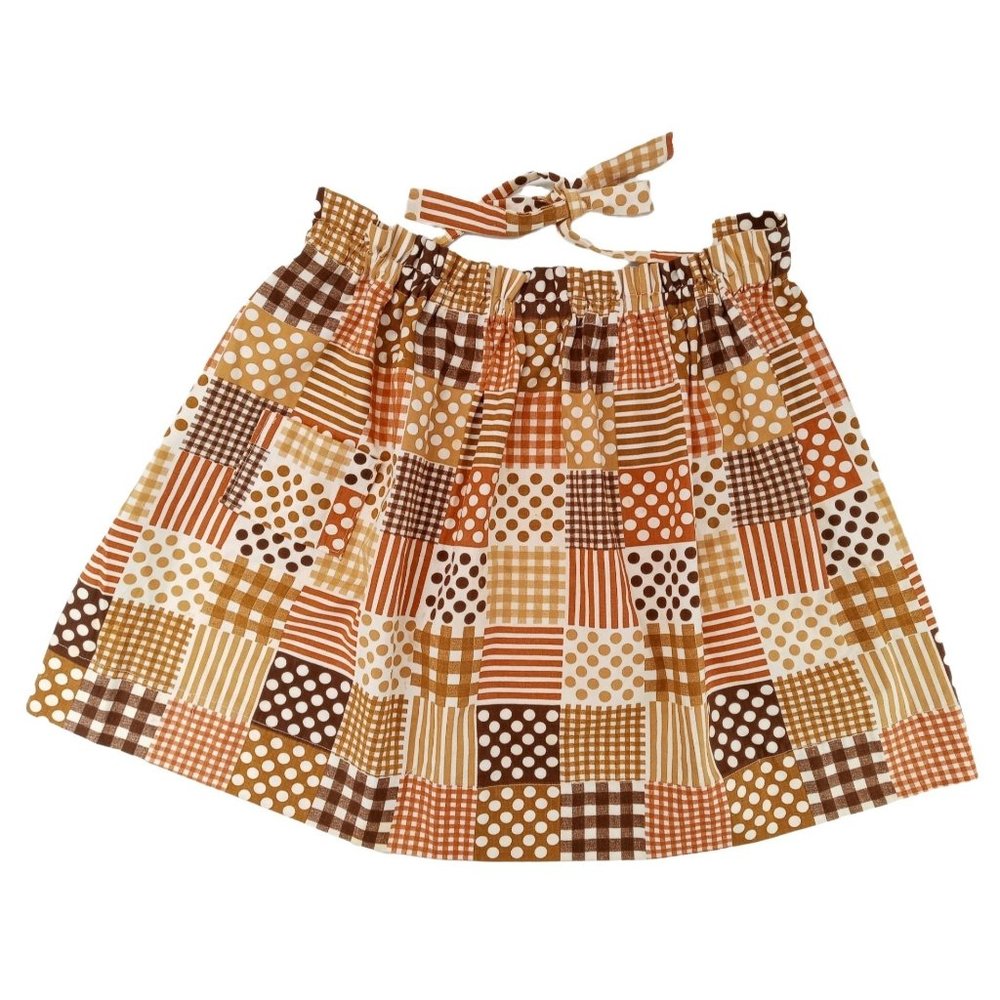 Vintage Apron Handmade Half 1960s Brown White Patchwork Tie Pocket Stripe Dot